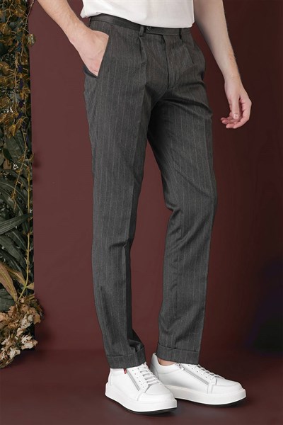 Slim Fit Pileli Esnek Yünlü Çizgili Füme Kumaş Pantolon P 1133