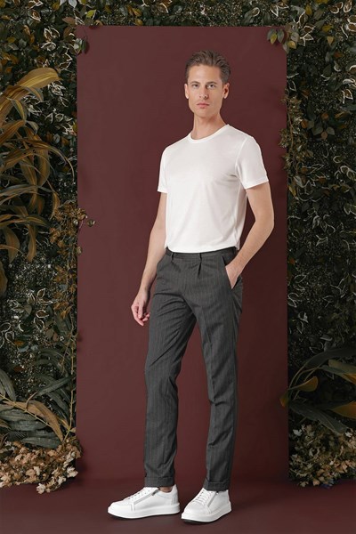 Slim Fit Pileli Esnek Yünlü Çizgili Füme Kumaş Pantolon P 1133
