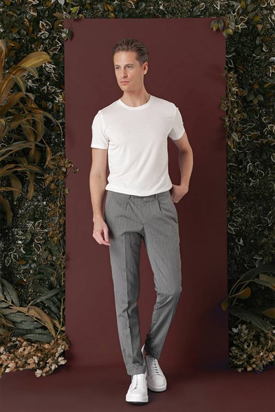 Slim Fit Pileli Esnek Yünlü Çizgili Gri Kumaş Pantolon P 1133