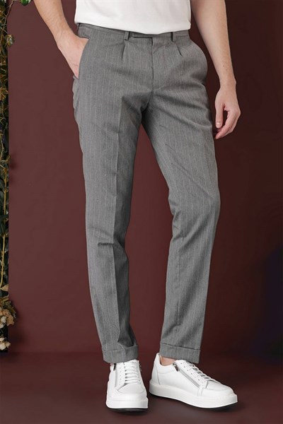 Slim Fit Pileli Esnek Yünlü Çizgili Gri Kumaş Pantolon P 1133
