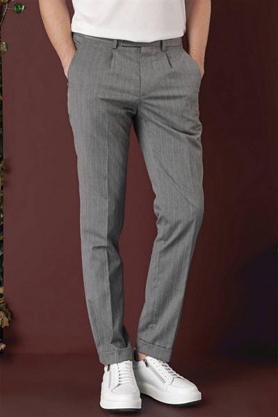 Slim Fit Pileli Esnek Yünlü Çizgili Gri Kumaş Pantolon P 1133
