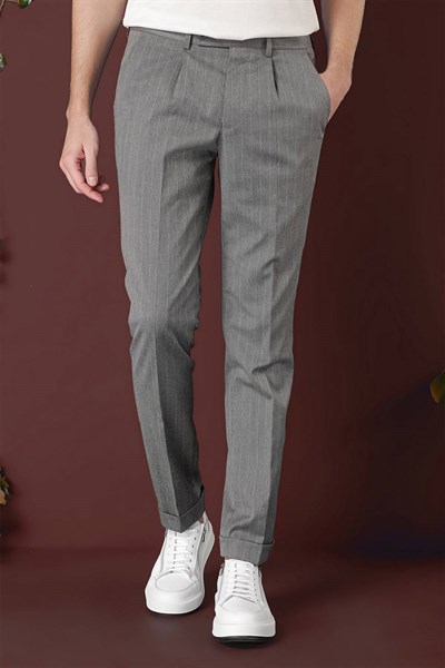 Slim Fit Pileli Esnek Yünlü Çizgili Gri Kumaş Pantolon P 1133