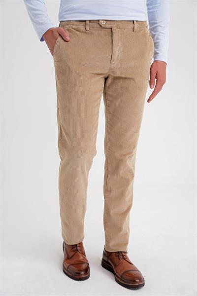 Slim Fit Pilesiz Esnek Pamuk Bej Fitilli Kadife Pantolon P 1199
