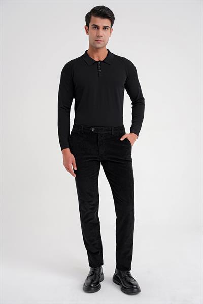 Slim Fit Pilesiz Esnek Pamuk Siyah Fitilli Kadife Pantolon P 1199
