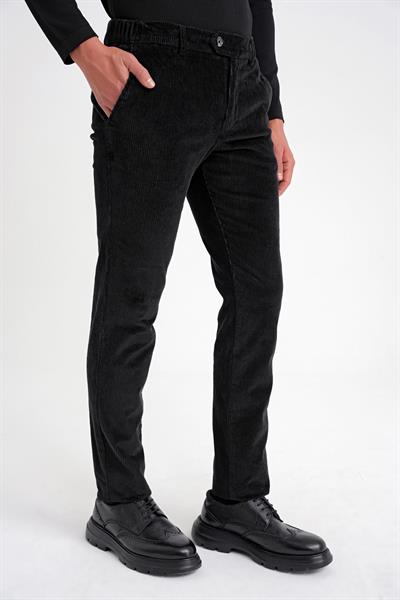 Slim Fit Pilesiz Esnek Pamuk Siyah Fitilli Kadife Pantolon P 1199