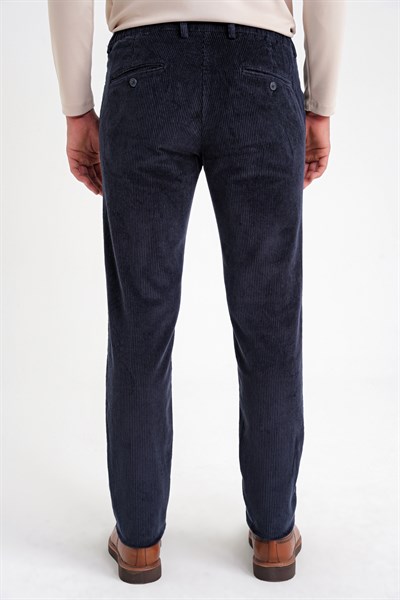Slim Fit Pilesiz Esnek Pamuklu Lacivert Fitilli Kadife Pantolon P 1199