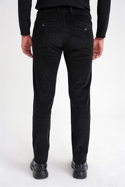 Slim Fit Pilesiz Esnek Pamuklu Siyah Fitilli Kadife Pantolon P 1199