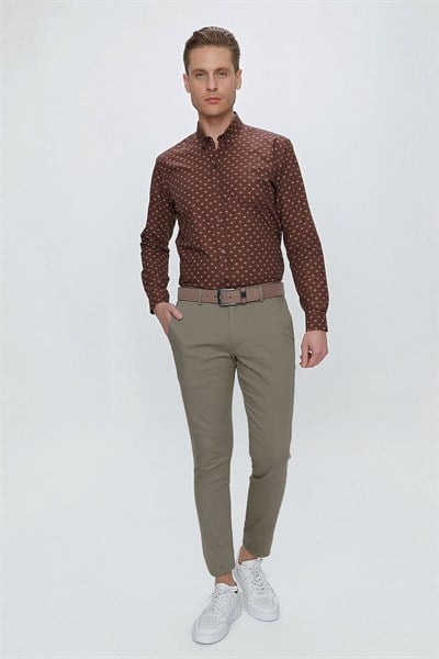 Slim Fit Pilesiz Yan Cepli Esnek %97 Pamuk Haki Chino Pantolon P 1112