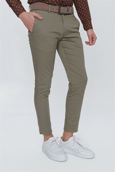 Slim Fit Pilesiz Yan Cepli Esnek %97 Pamuk Haki Chino Pantolon P 1112