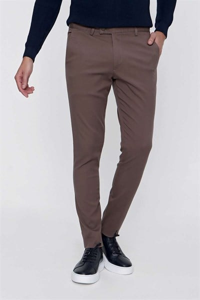 Slim Fit Pilesiz Yan Cepli Esnek Pamuk Vizon Chino Pantolon P 1100