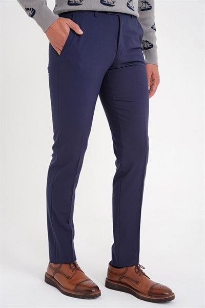 Slim Fit Pilesiz Yan Cepli Esnek Yün Lacivert Kumaş Pantolon P 1091