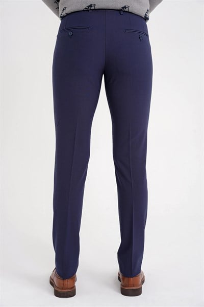 Slim Fit Pilesiz Yan Cepli Esnek Yün Lacivert Kumaş Pantolon P 1091