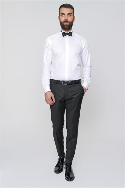 Slim Fit Pilesiz Yan Cepli Esnek Yün Siyah Kumaş Pantolon P 1091