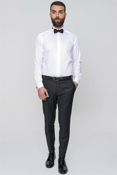 Slim Fit Pilesiz Yan Cepli Esnek Yün Siyah Kumaş Pantolon P 1091