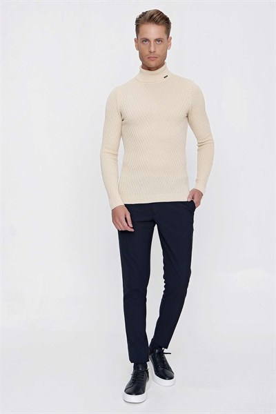Slim Fit Pilesiz Yan Cepli Esnek Yünlü Lacivert Chino Pantolon P 1102