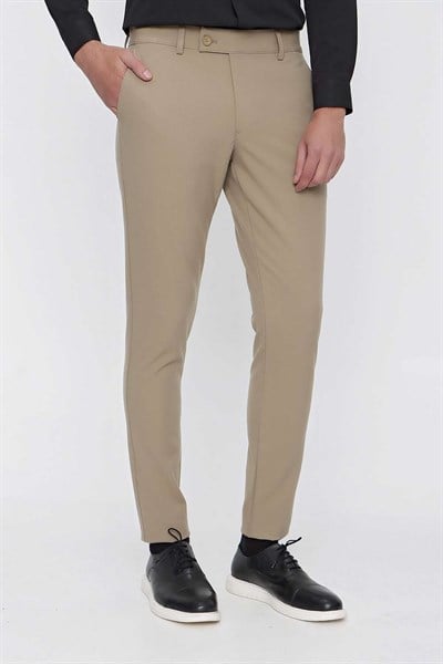 Slim Fit Pilesiz Yan Cepli Esnek Yünlü Bej Chino Pantolon P 1102