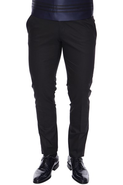 Slim Fit Pilesiz Yan Cepli Esnek Yünlü Siyah Kumaş Pantolon P 1015