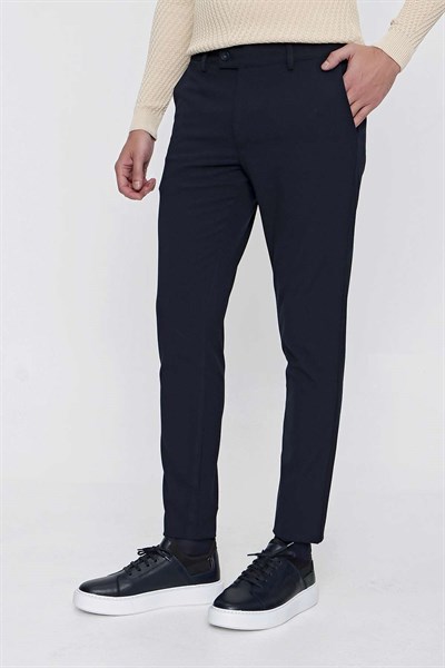 Slim Fit Pilesiz Yan Cepli Esnek Yünlü Lacivert Chino Pantolon P 1102