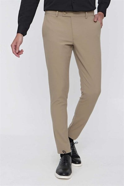 Slim Fit Pilesiz Yan Cepli Esnek Yünlü Bej Chino Pantolon P 1102