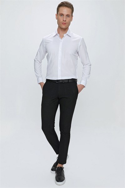 Slim Fit Pilesiz Yan Cepli Pötikareli Esnek Pamuk Siyah Pantolon P 1103