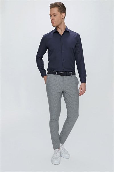 Slim Fit Pilesiz Yan Cepli Pötikareli Esnek Pamuk Gri Pantolon P 1103