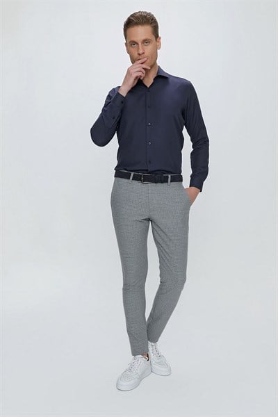 Slim Fit Pilesiz Yan Cepli Pötikareli Esnek Pamuk Gri Pantolon P 1103
