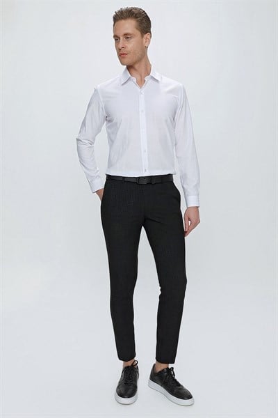Slim Fit Pilesiz Yan Cepli Pötikareli Esnek Pamuk Siyah Pantolon P 1103