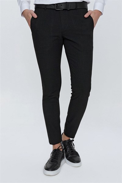 Slim Fit Pilesiz Yan Cepli Pötikareli Esnek Pamuk Siyah Pantolon P 1103