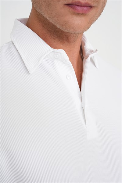 Slim Fit Polo Yaka Fitilli Dokuma Pamuklu Beyaz Tişört TS 904