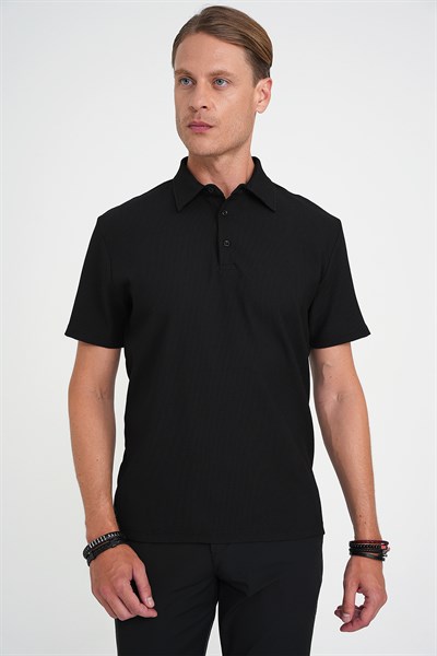 Slim Fit Polo Yaka Fitilli Dokuma Pamuklu Siyah Tişört TS 904