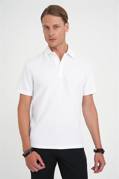 Slim Fit Polo Yaka Fitilli Dokuma Pamuklu Beyaz Tişört TS 904