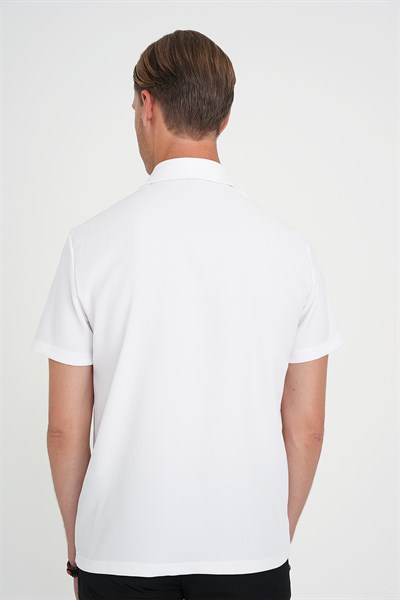 Slim Fit Polo Yaka Fitilli Dokuma Pamuklu Beyaz Tişört TS 904