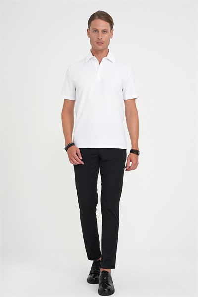 Slim Fit Polo Yaka Fitilli Dokuma Pamuklu Beyaz Tişört TS 904