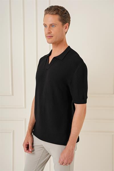 Slim Fit Polo Yaka Kısa Kol %100 Pamuk Siyah Triko Tr 868