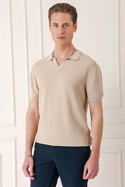 Slim Fit Polo Yaka Kısa Kol %100 Pamuk Bej Triko Tr 868