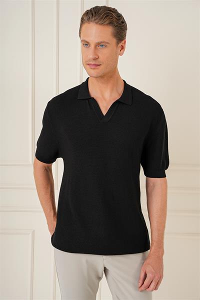 Slim Fit Polo Yaka Kısa Kol %100 Pamuk Siyah Triko Tr 868