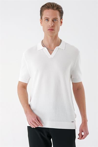 Slim Fit Polo Yaka Kısa Kol %100 Pamuk Beyaz Triko Tr 868