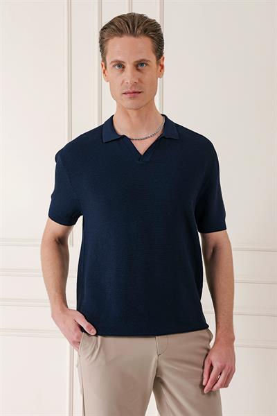 Slim Fit Polo Yaka Kısa Kol %100 Pamuk Lacivert Triko Tr 868