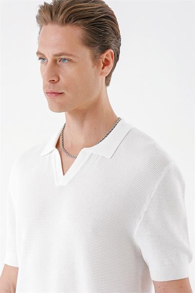 Slim Fit Polo Yaka Kısa Kol %100 Pamuk Beyaz Triko Tr 868