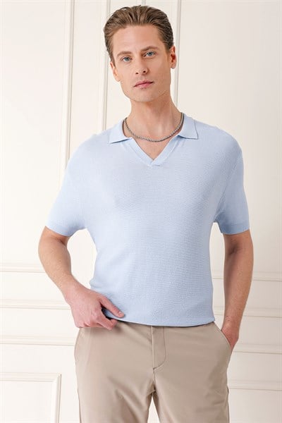 Slim Fit Polo Yaka Kısa Kol %100 Pamuk Mavi Triko Tr 868