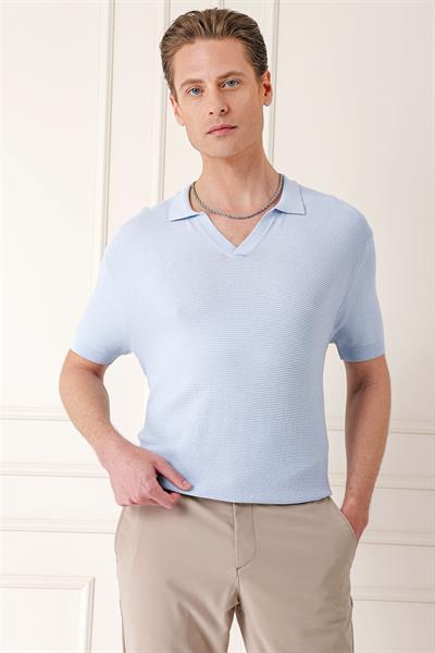 Slim Fit Polo Yaka Kısa Kol %100 Pamuk Mavi Triko Tr 868