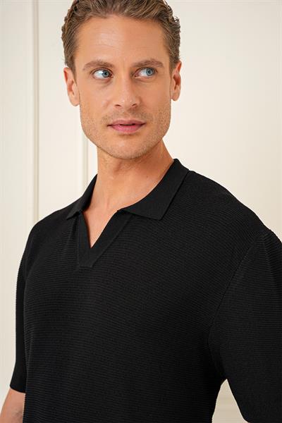 Slim Fit Polo Yaka Kısa Kol %100 Pamuk Siyah Triko Tr 868