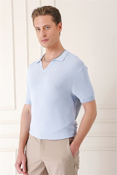 Slim Fit Polo Yaka Kısa Kol %100 Pamuk Mavi Triko Tr 868
