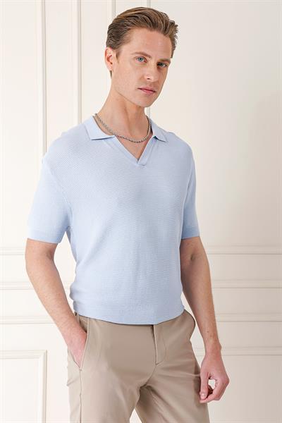 Slim Fit Polo Yaka Kısa Kol %100 Pamuk Mavi Triko Tr 868