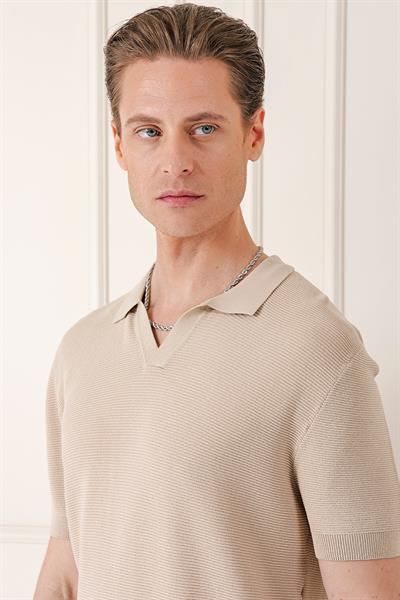 Slim Fit Polo Yaka Kısa Kol %100 Pamuk Bej Triko Tr 868