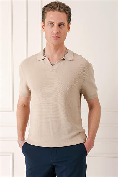 Slim Fit Polo Yaka Kısa Kol %100 Pamuk Bej Triko Tr 868
