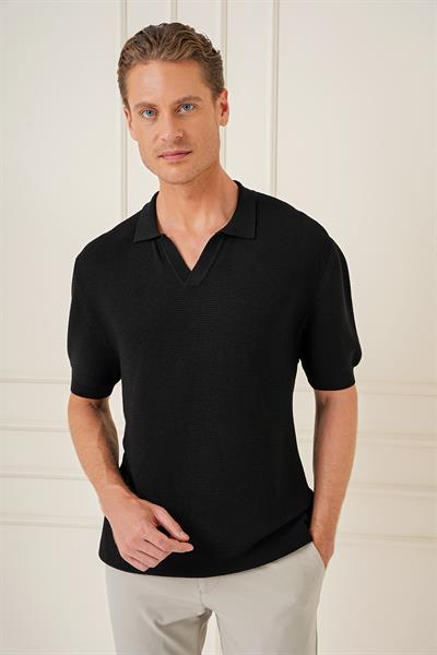 Slim Fit Polo Yaka Kısa Kol %100 Pamuk Siyah Triko Tr 868