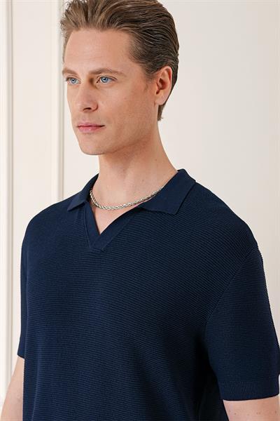 Slim Fit Polo Yaka Kısa Kol %100 Pamuk Lacivert Triko Tr 868