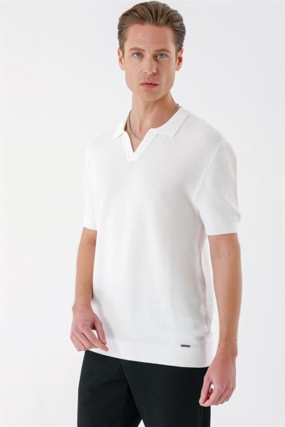Slim Fit Polo Yaka Kısa Kol %100 Pamuk Beyaz Triko Tr 868