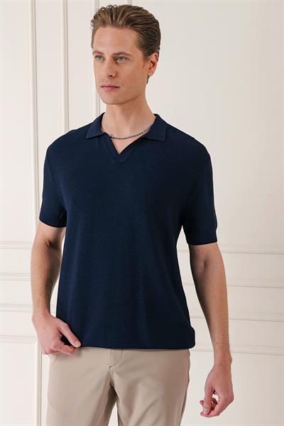 Slim Fit Polo Yaka Kısa Kol %100 Pamuk Lacivert Triko Tr 868